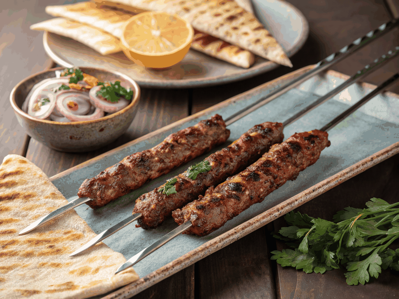 Würziger Adana Kebap mit Sumach-Zwiebelsalat und gegrillter Peperoni