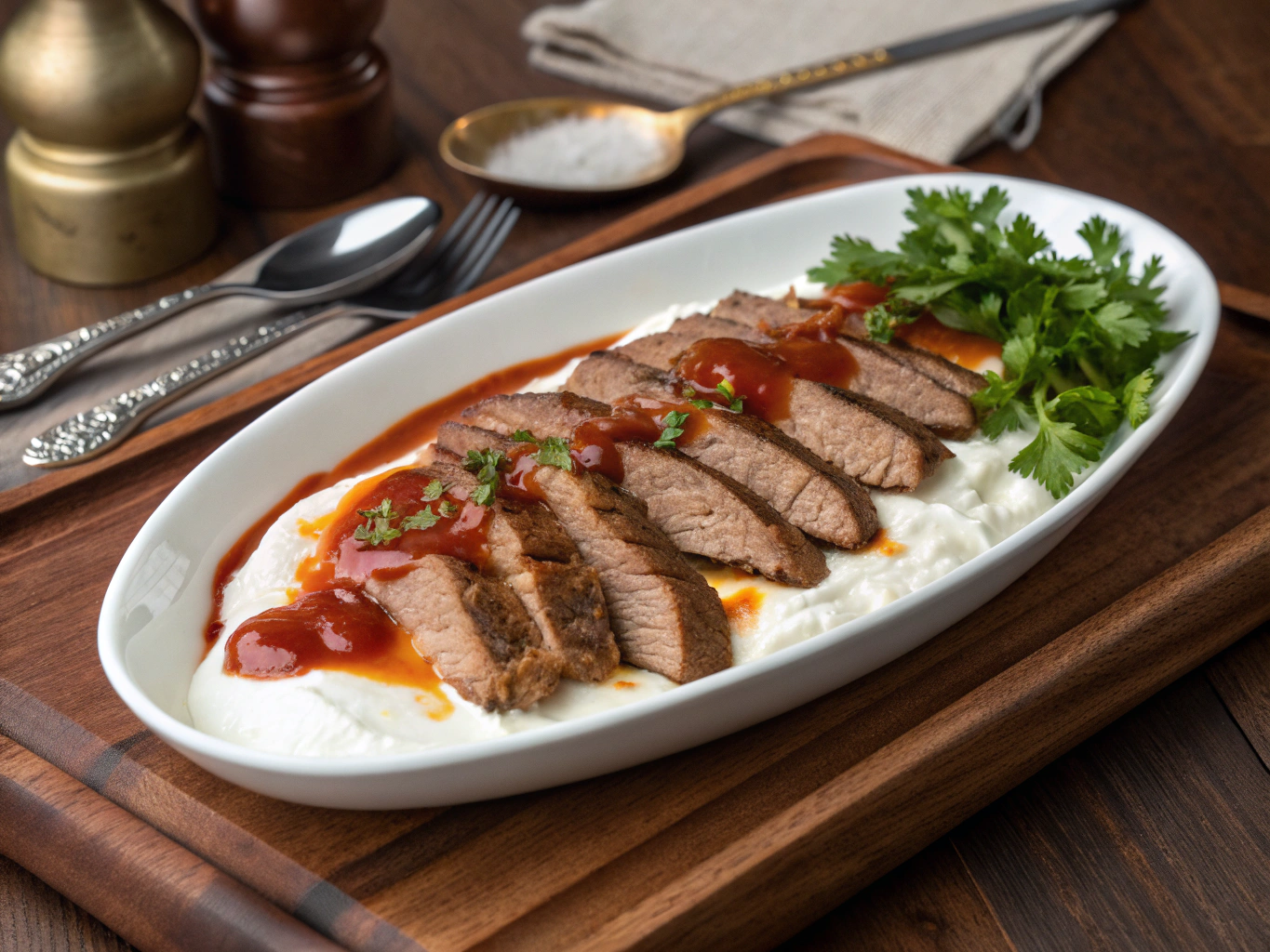 Traditioneller Beyti Kebap mit Tomatensauce und cremigem Joghurt