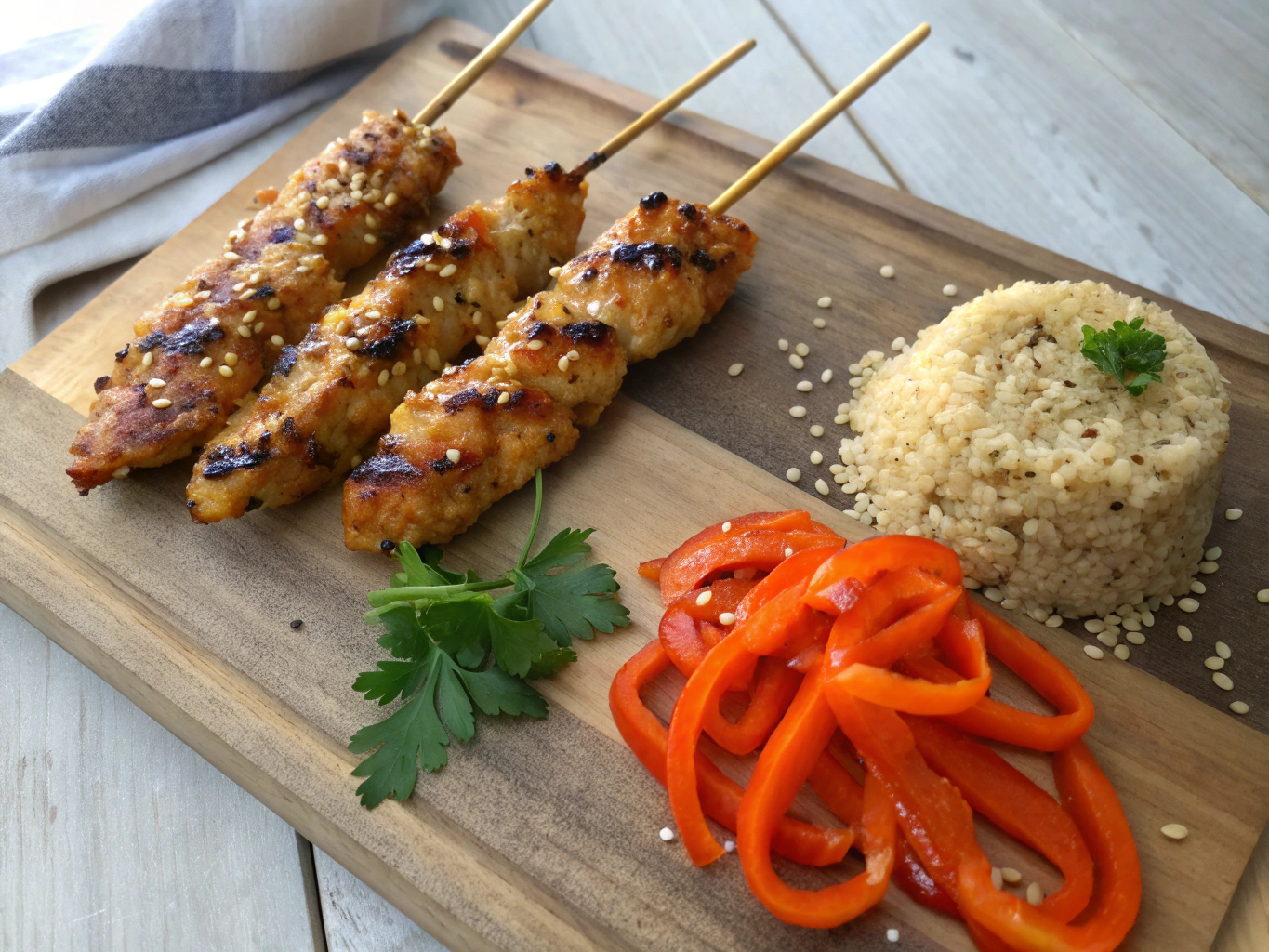 Gegrillter Hähnchenspieß mit Bulgur und Kräuterdip